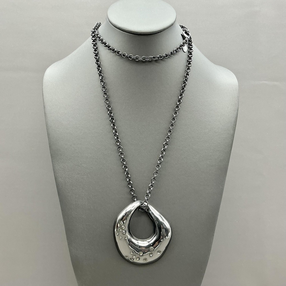 Chicos Necklace Statement Silver Tone Asymmetrical Crystal Pendant Jewelry 28"